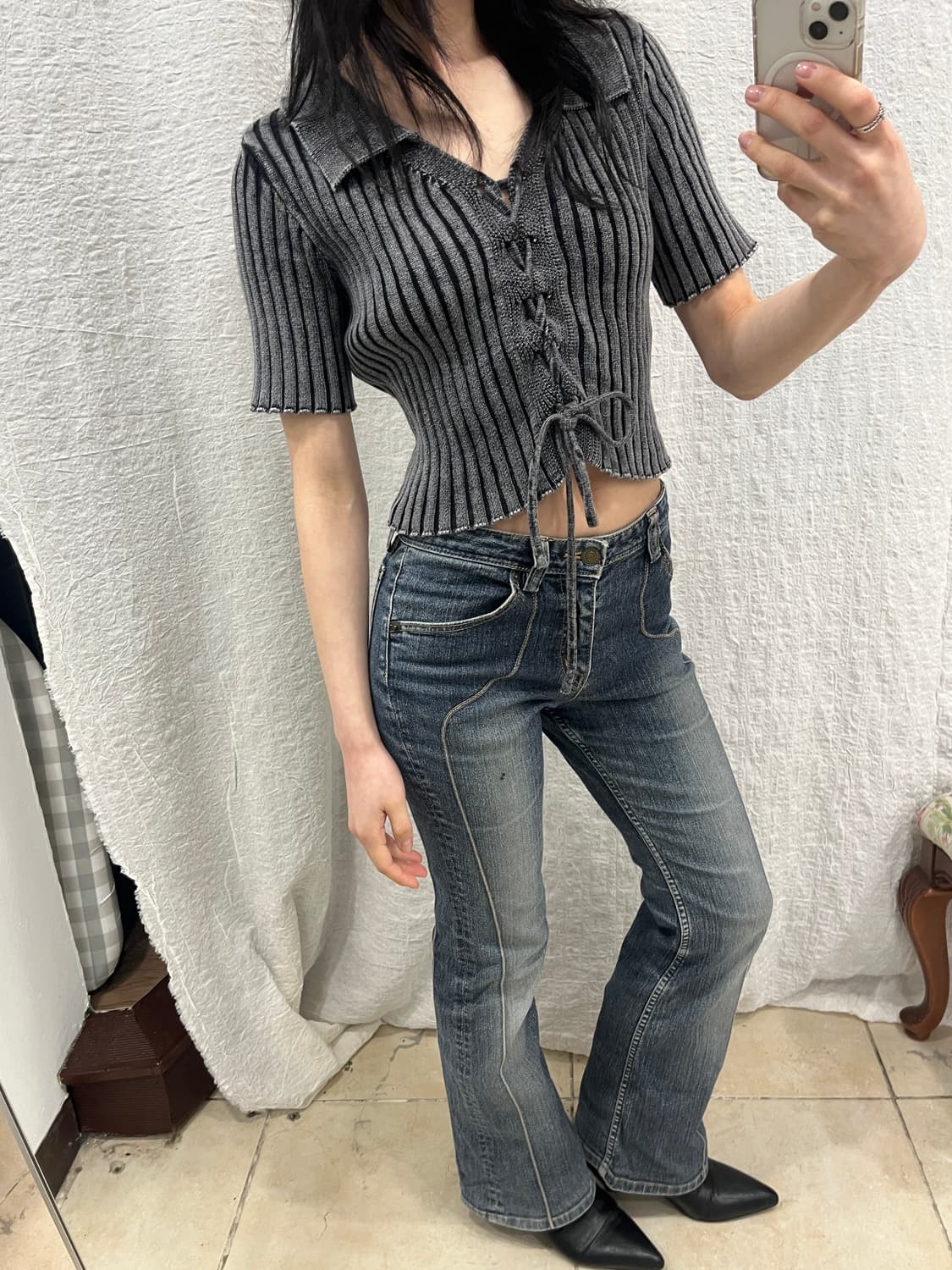 Ribbon tie crop knit top 상품이미지2