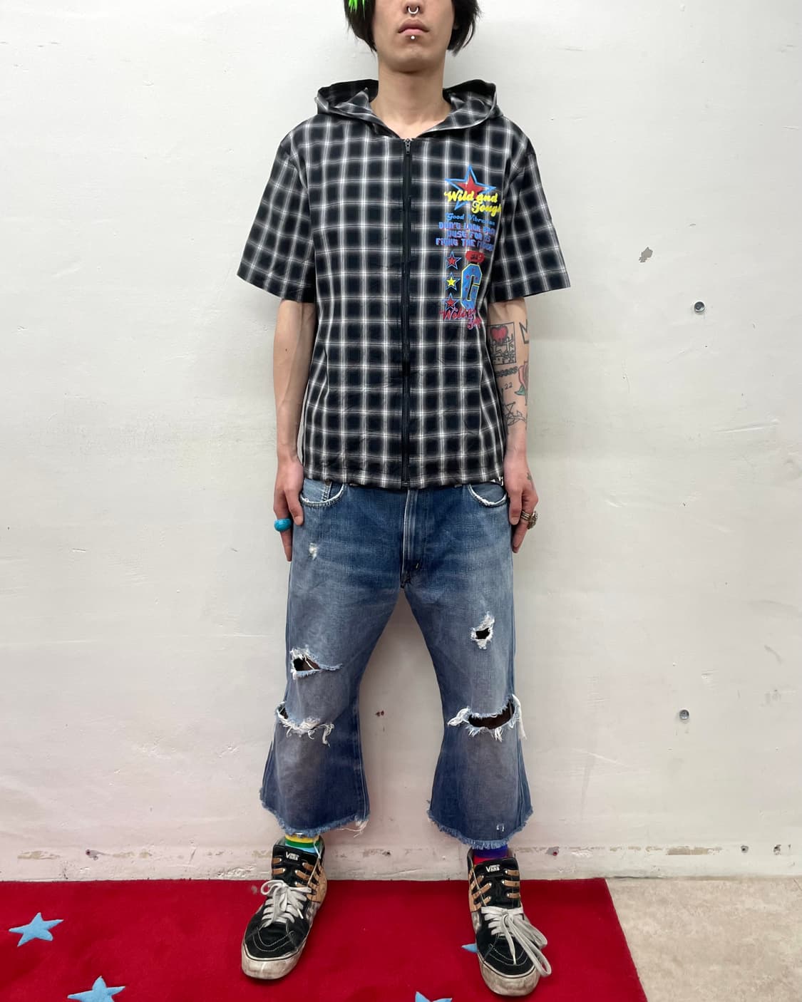 Retro Star Checkered Hoodie T-Shirt  상품이미지4
