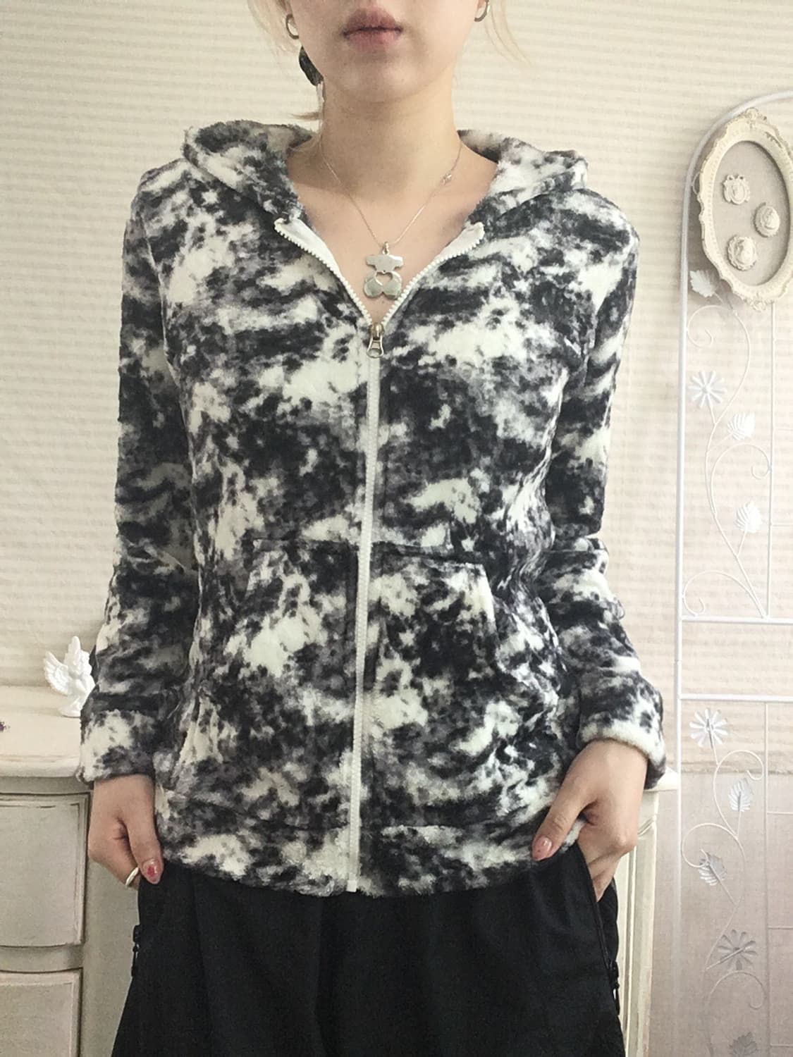 jpn vintage black marble fleece hood zip 상품이미지2