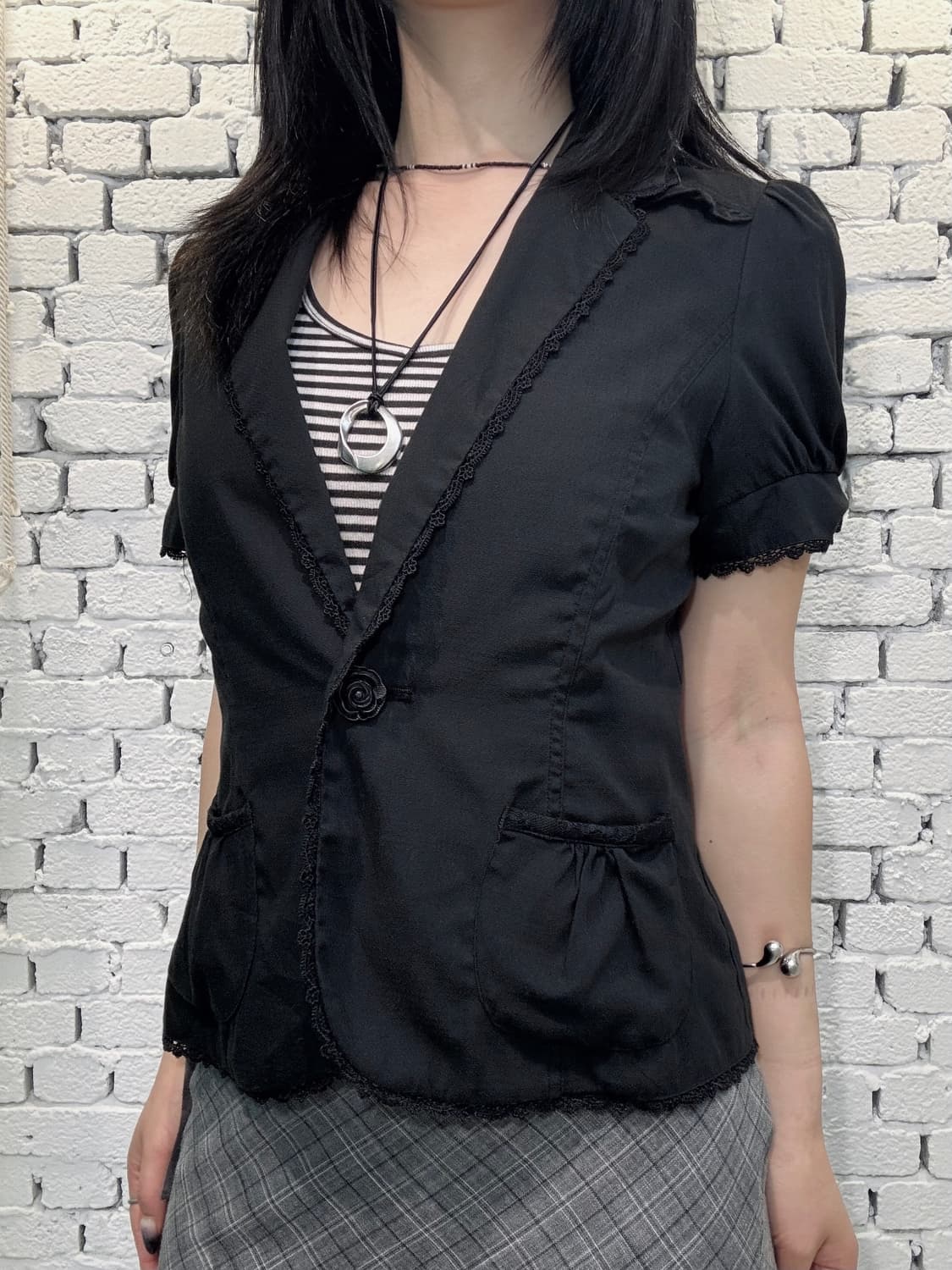 axes femme Lace Trim Puff Sleeve Blouse 상품이미지2
