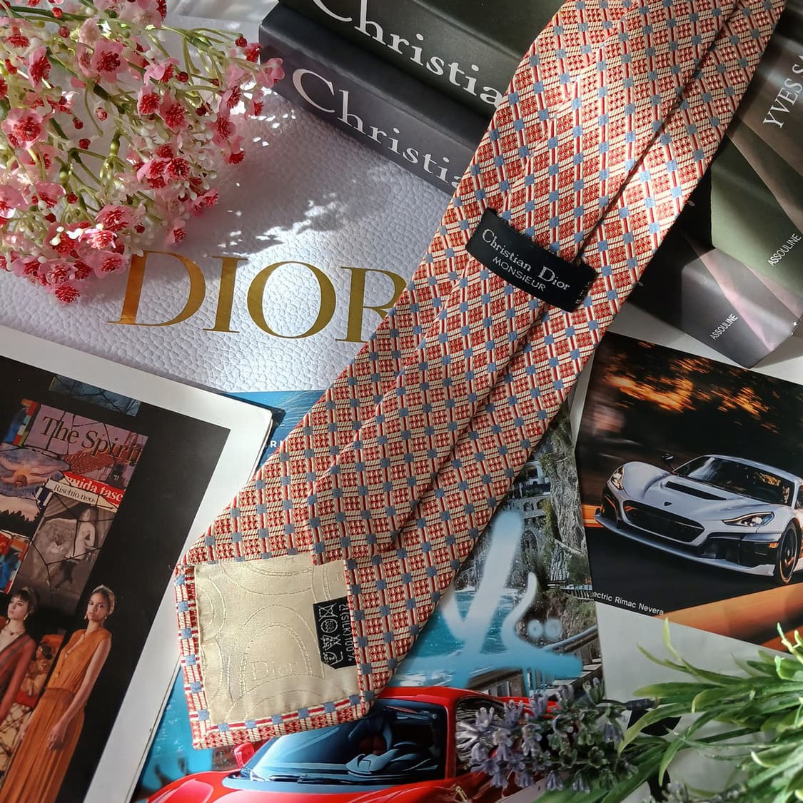 크리스찬 디올 실크 레드 기하 패턴 넥타이 9.4cm A등급 A19579 상품이미지3