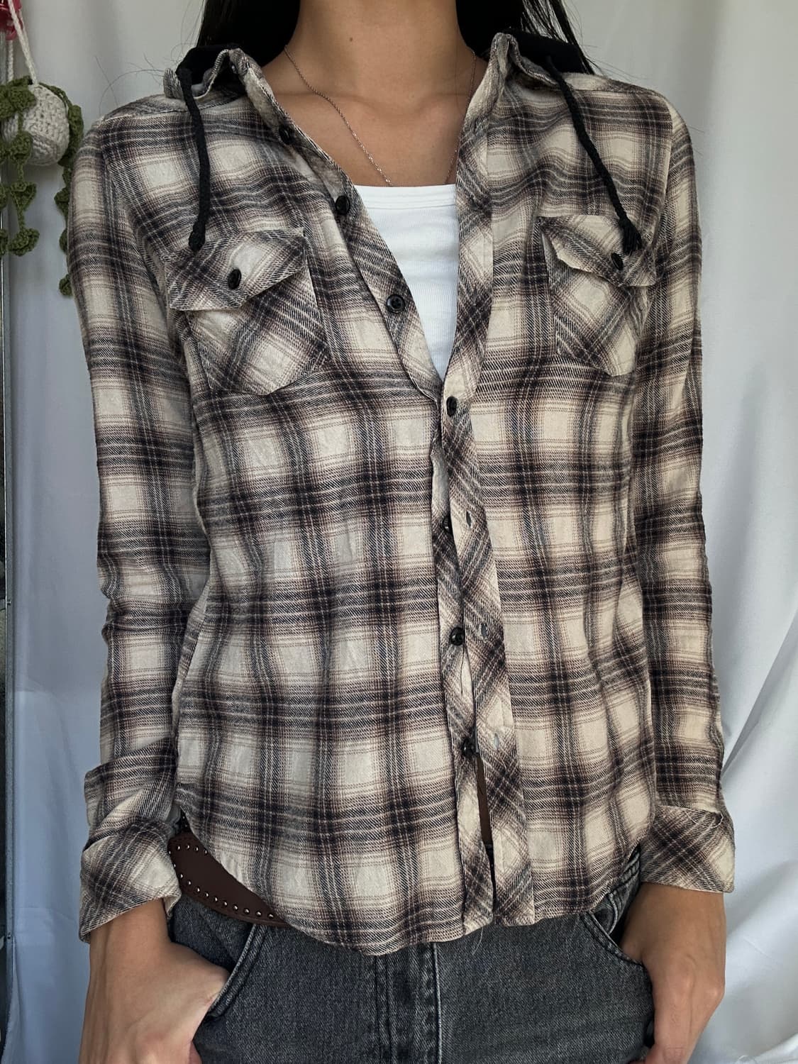 빈티지 코튼 후드 체크 긴팔셔츠 상품이미지6