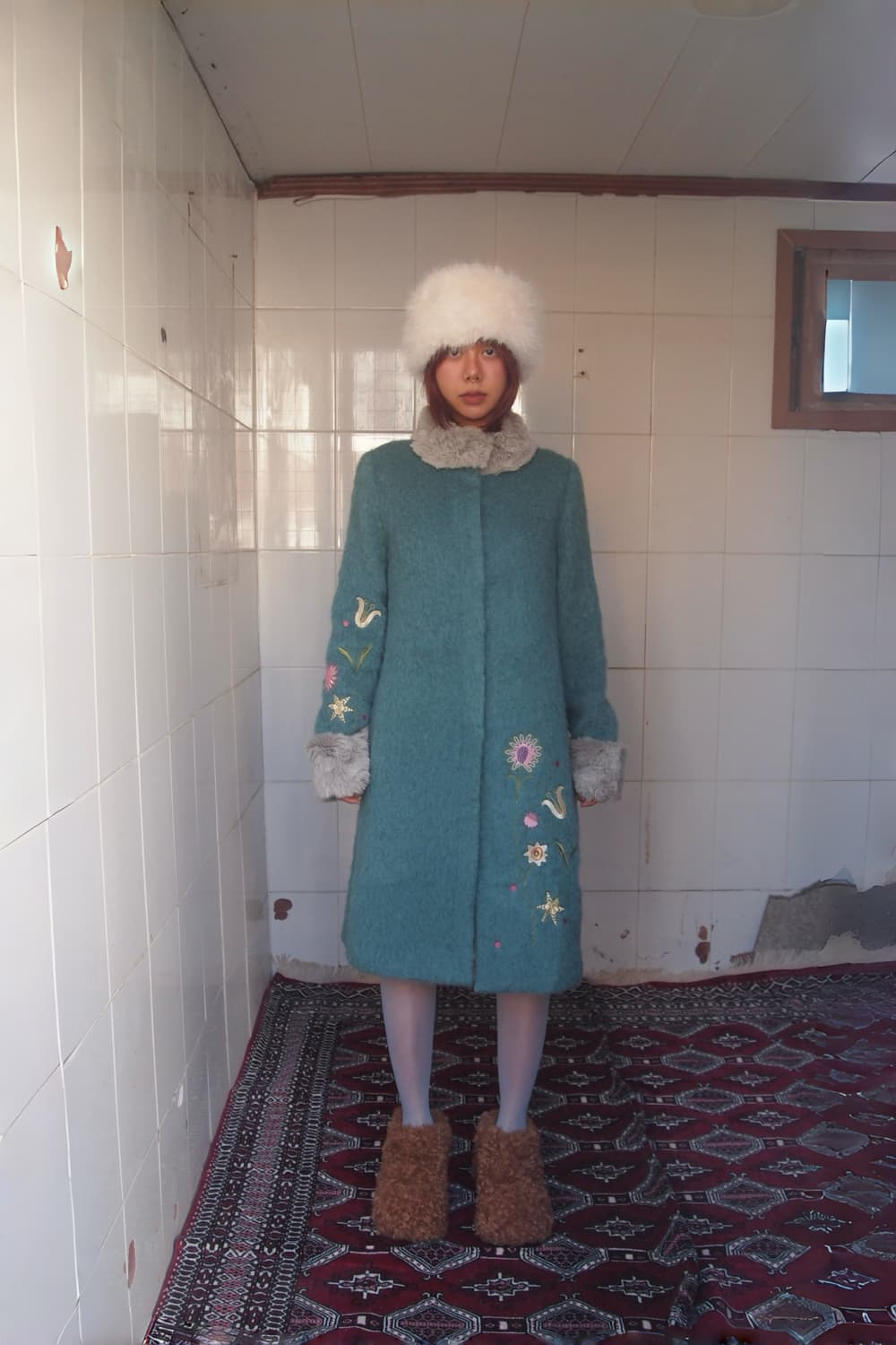 JOCOMOMOLA 민트 트리밍 퍼 코트 상품이미지1