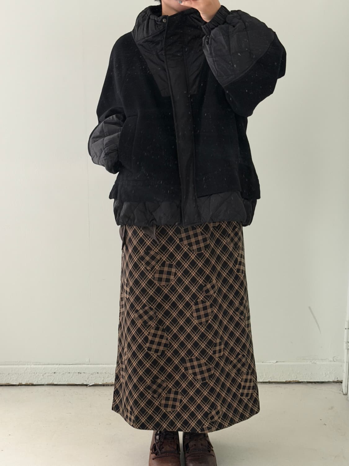 일본빈티지 패치워크 브라운체크 롱스커트 상품이미지5