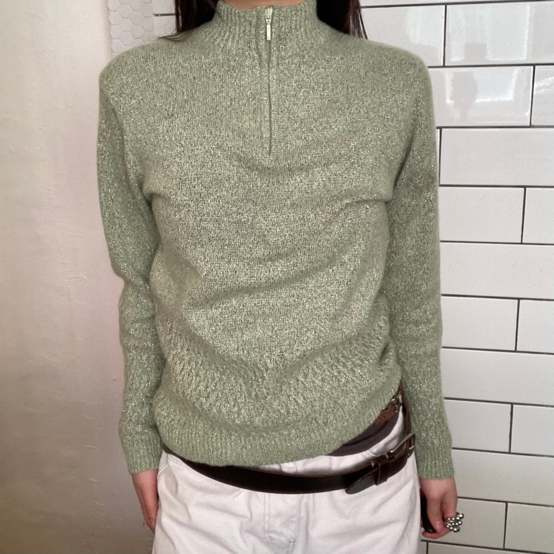 빈티지 글리터 반집업 니트 (민트) 상품이미지2