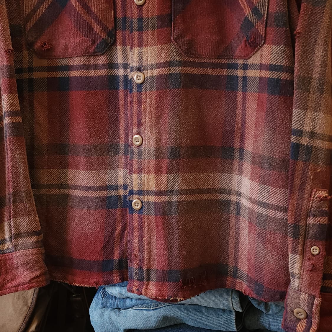 90s 빈티지 체크셔츠 헤비 플란넬 워크셔츠 썬페이딩 레드 데미지 L 상품이미지7