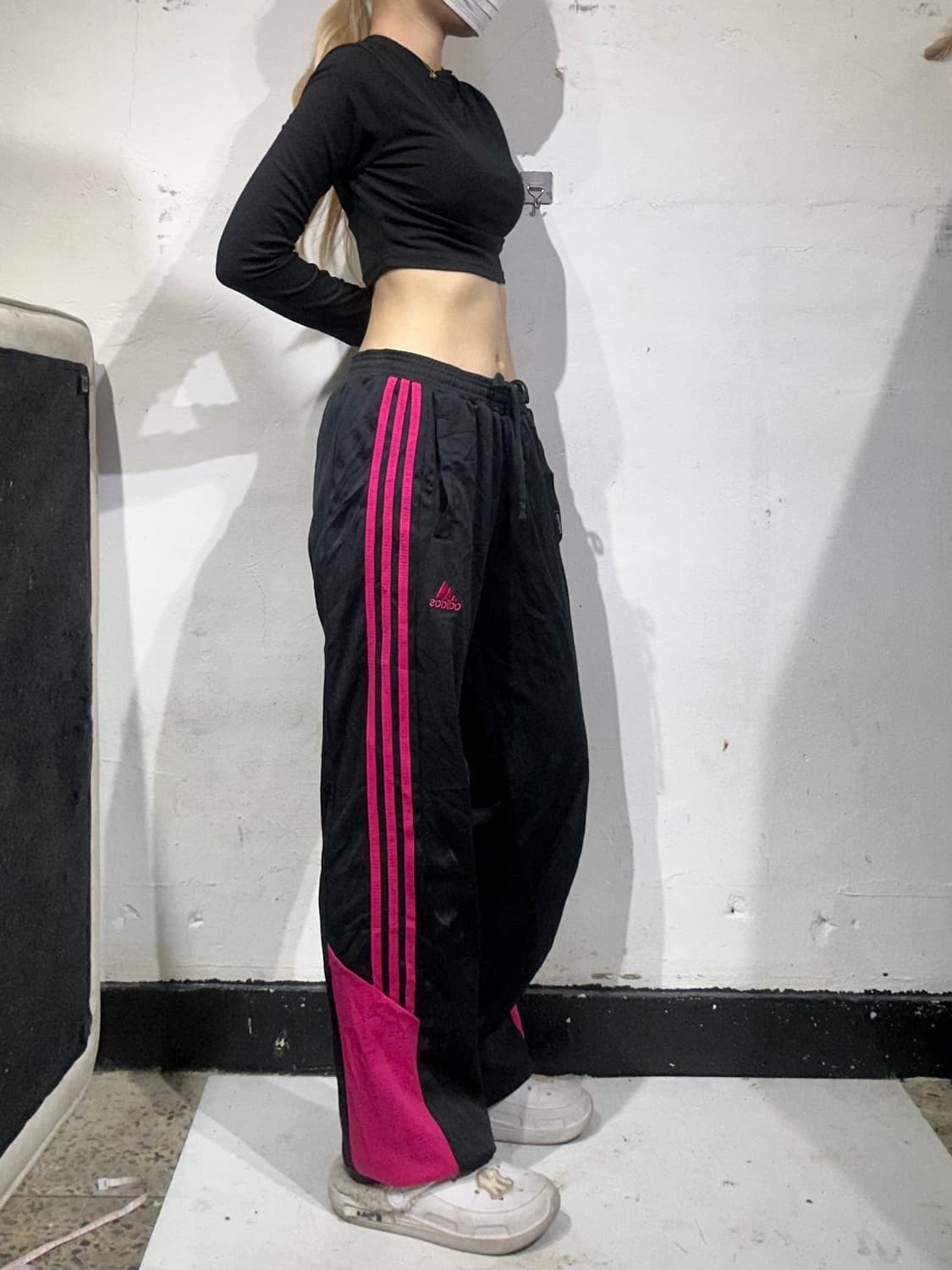 아디다스 블랙 와이드 핑크 삼선 추리닝 바지 L 상품이미지1