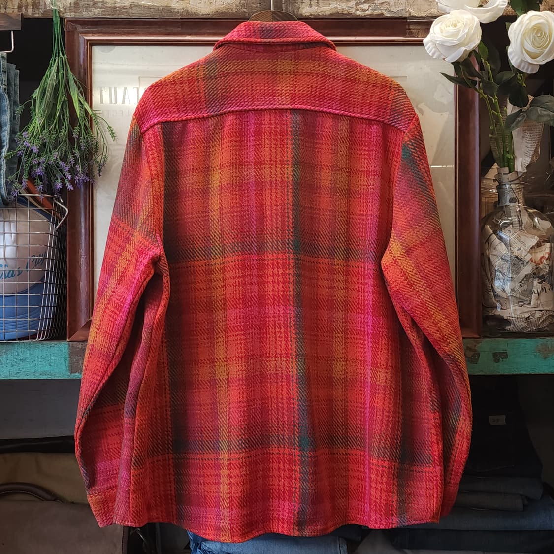 90s 아메리칸 빈티지 체크셔츠 헤비 플란넬 워크셔츠 레드 비비드 L 상품이미지2