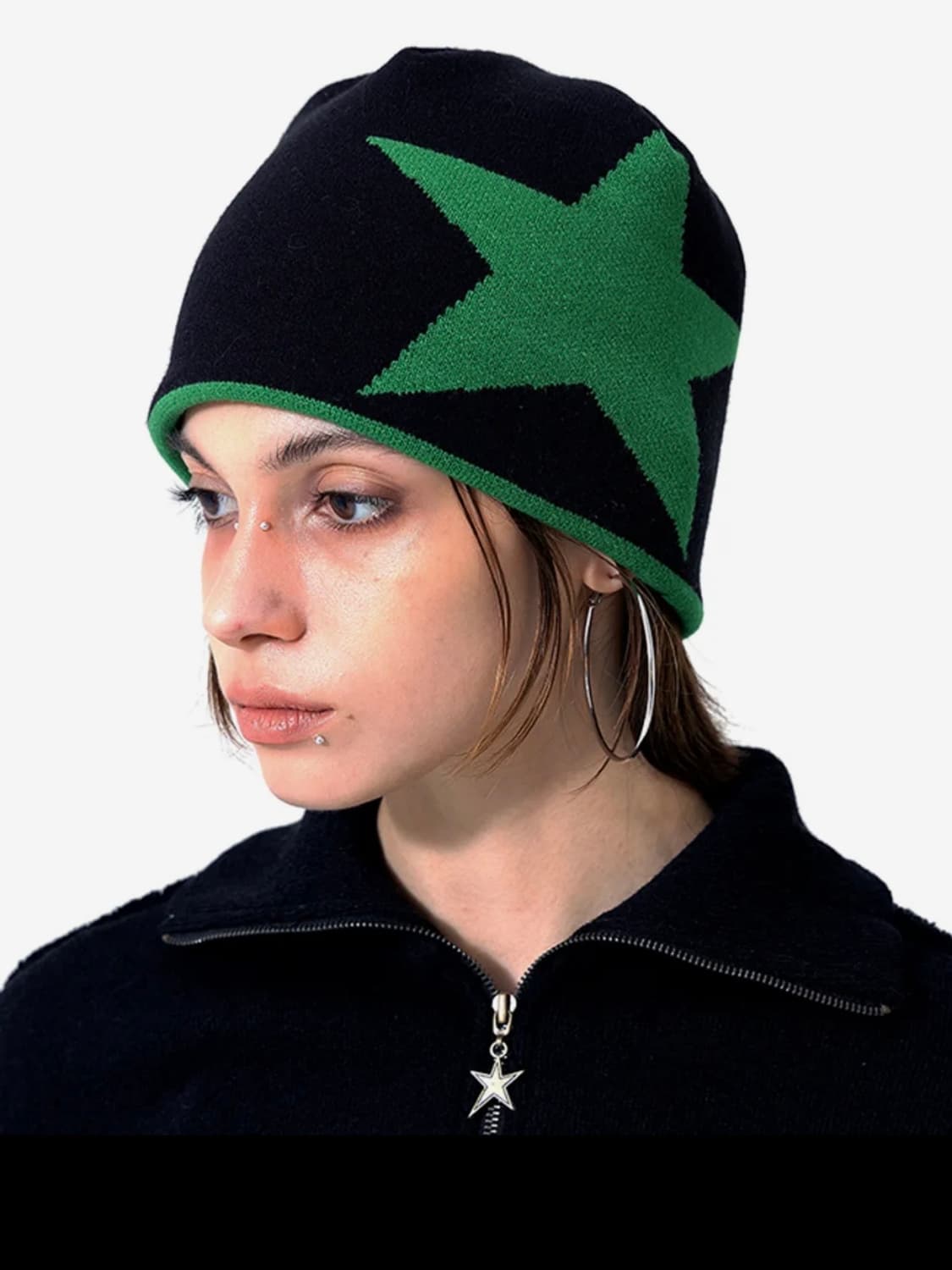 러닝하이 리버시블 별 스타 자카드 니트 비니 그린/블랙 상품이미지1