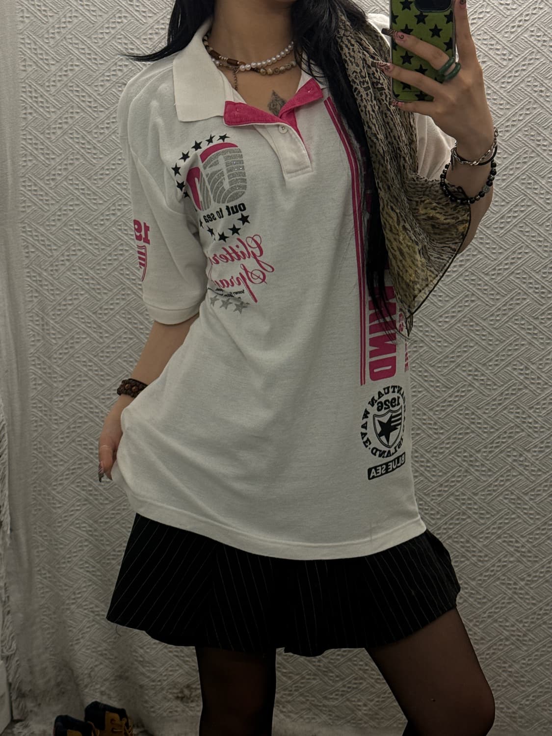Y2K 올드스쿨 레트로 갸루 키치 글리터 프린팅 카라 반팔티 K0268 상품이미지1
