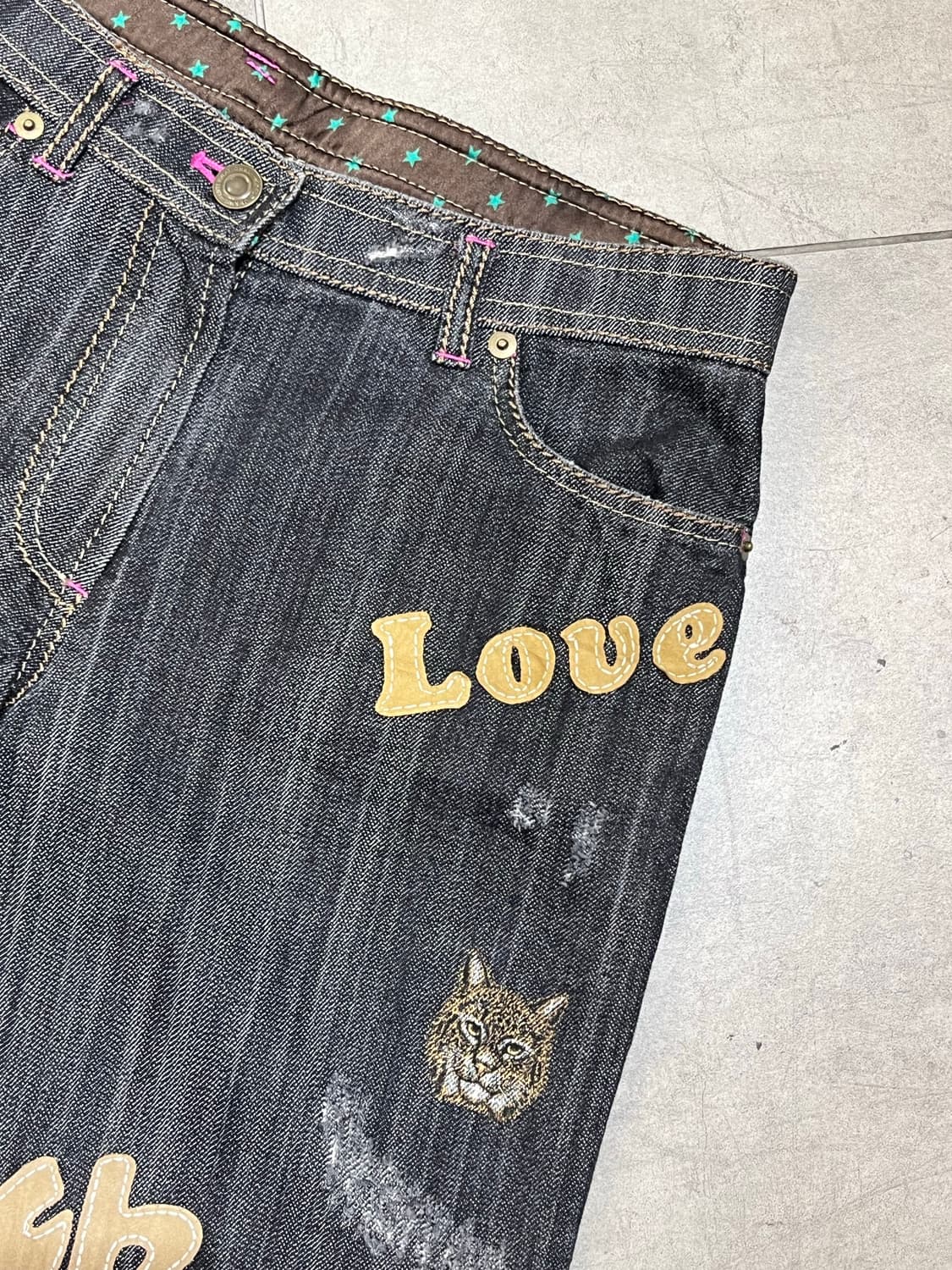 일본 빈티지 모리걸 고양이 레터링 패치 와이드 데님 팬츠  상품이미지5