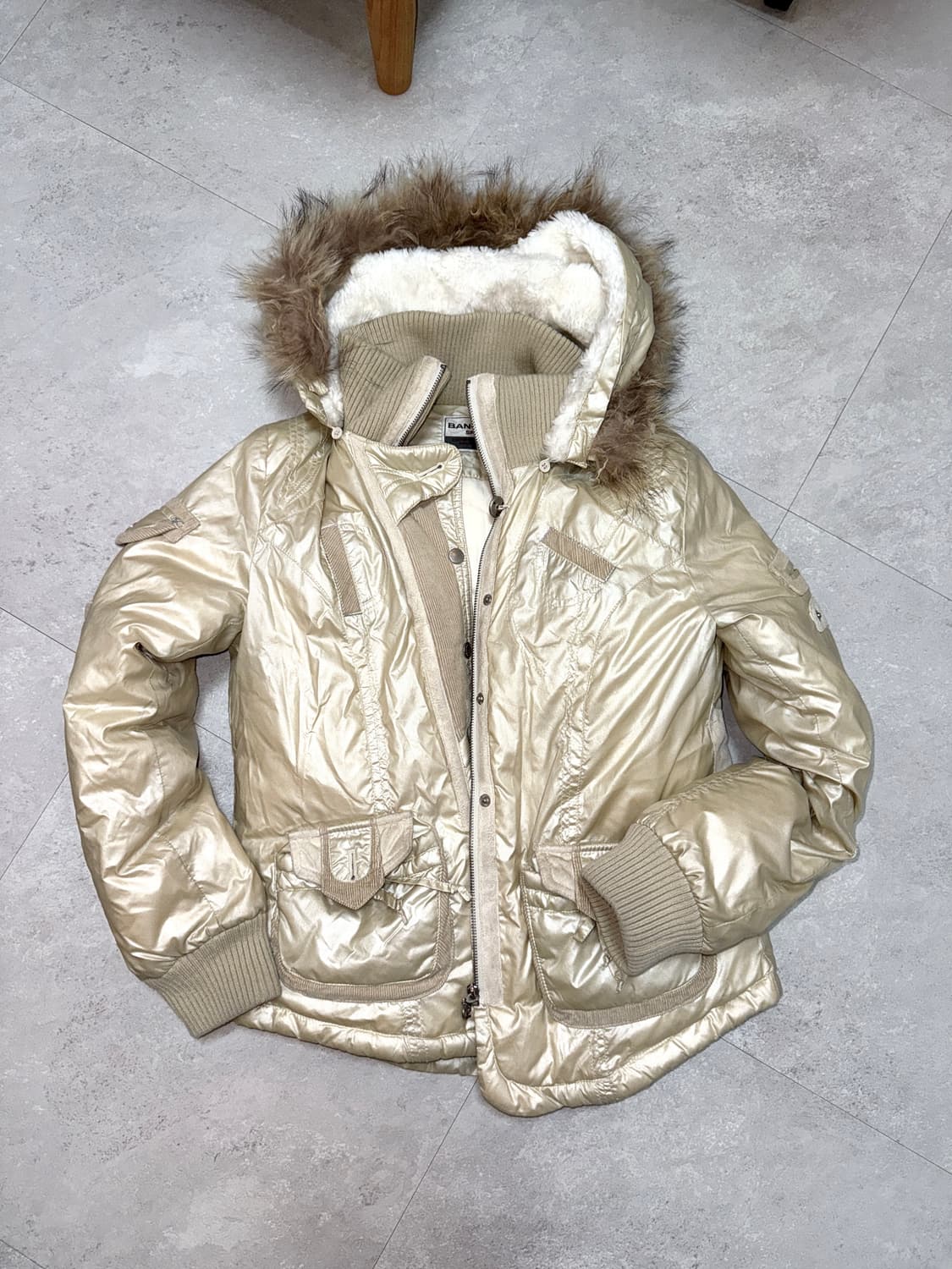 Y2k 니트 레이어드 베이지 퍼 후드 패딩 상품이미지2