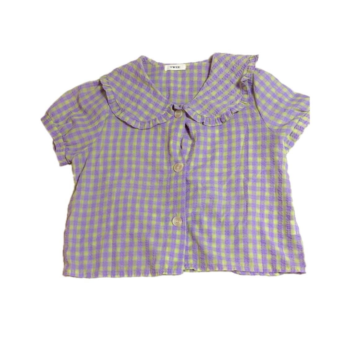 빈티지 연두+연보라 체크 블라우스 상품이미지1