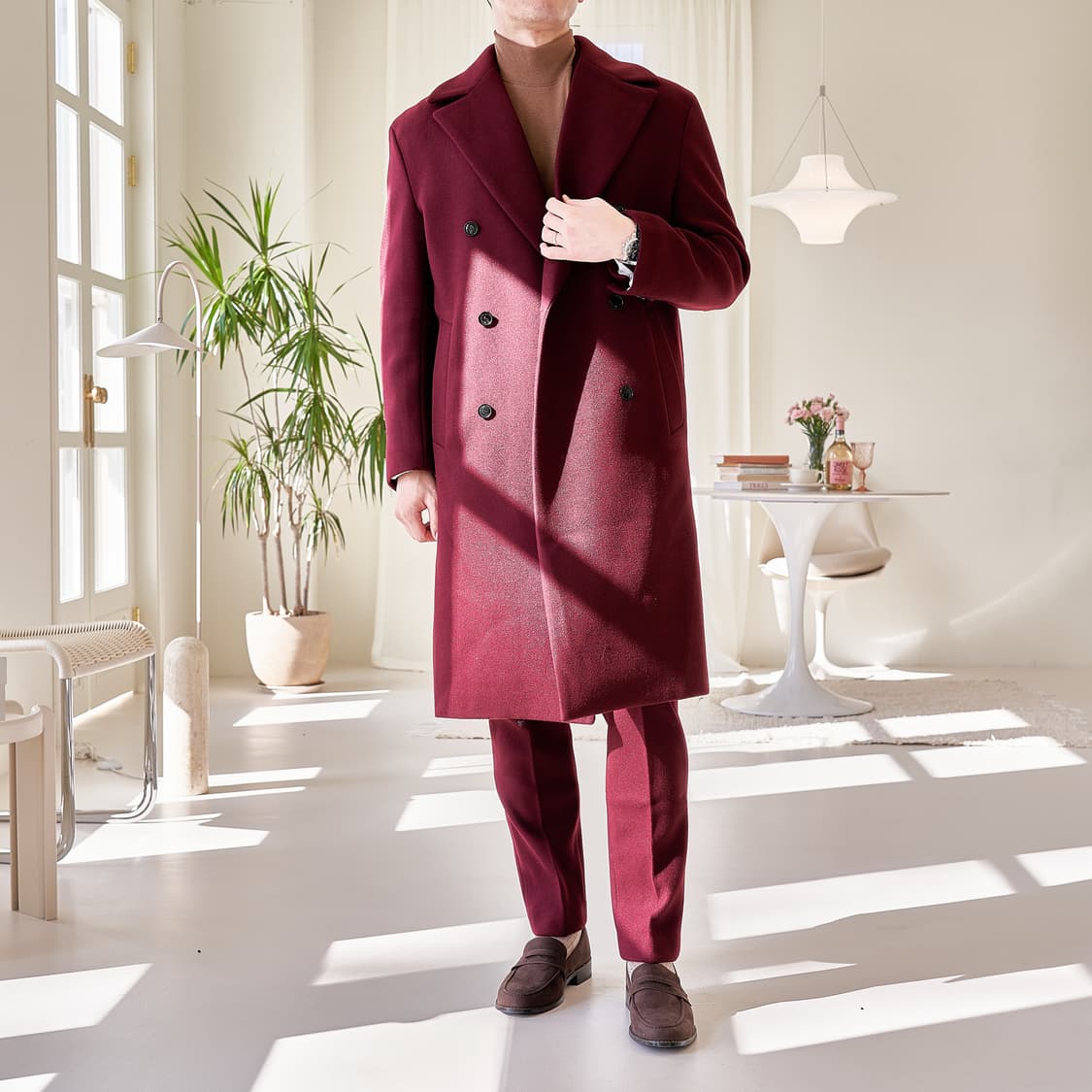 남자 세미오버핏 울 더블 브레스티드 롱 코트 (버건디) 105(XL) 상품이미지3