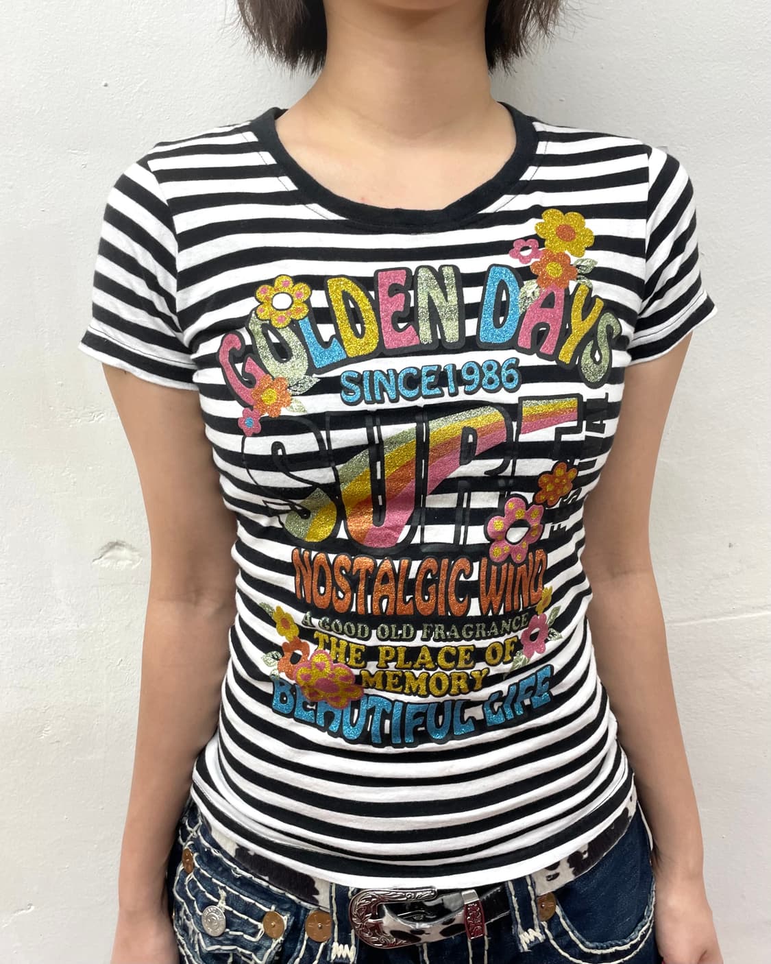 Golden Day Rainbow Flower Stripe T-shirt 상품이미지4