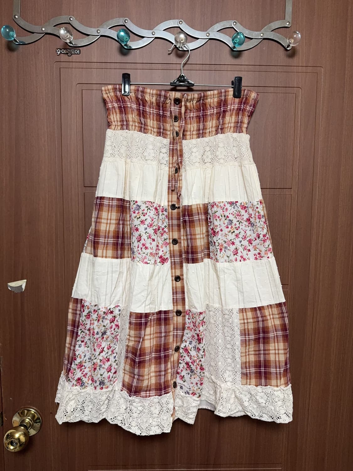 모리걸 하구미 일본 빈티지 패치워크 체크 레이스 도트 잔꽃 롱 스커트 상품이미지1