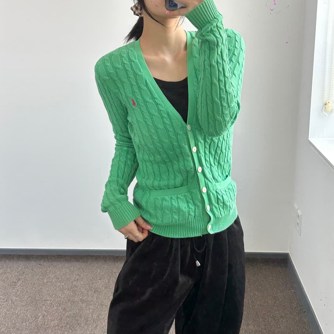Polo 폴로 핑크포니 그린 케이블 니트 가디건 상품이미지2