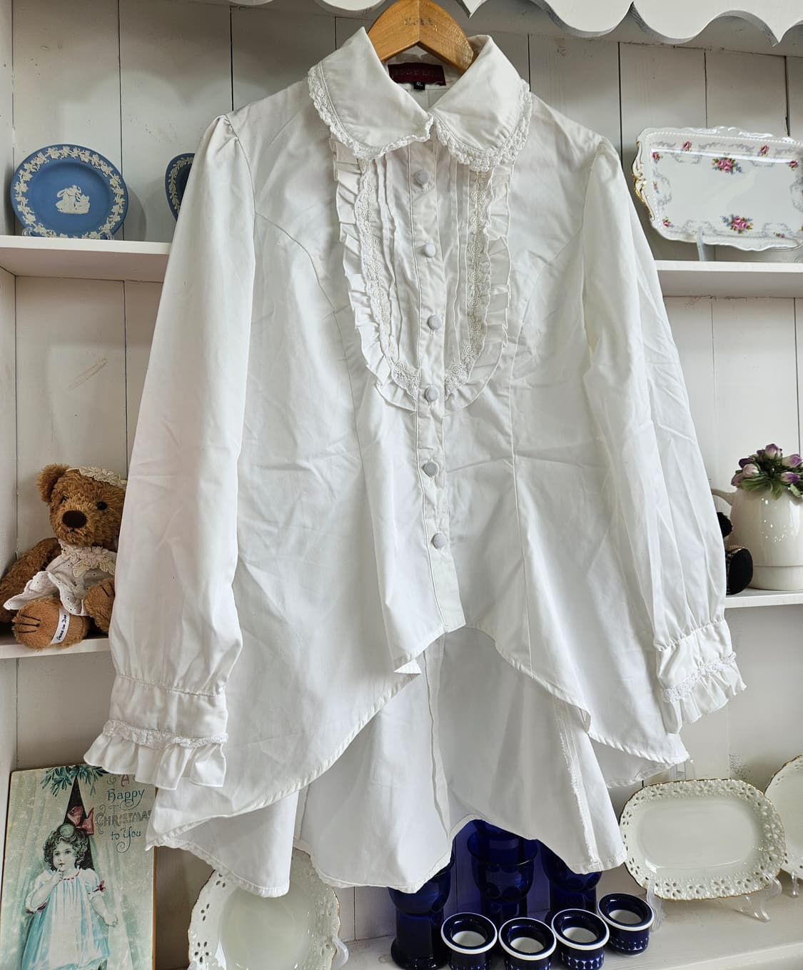 레이스 셔링 블라우스 화이트 프릴 카라 상품이미지2