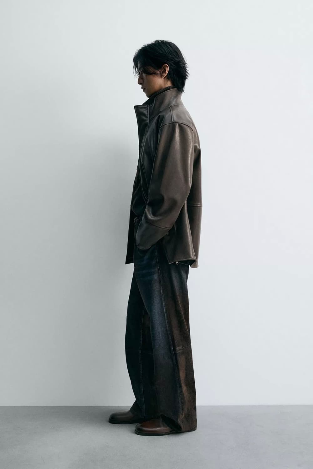 자라 배색 페이크 레더 점퍼 브라운 L 상품이미지6