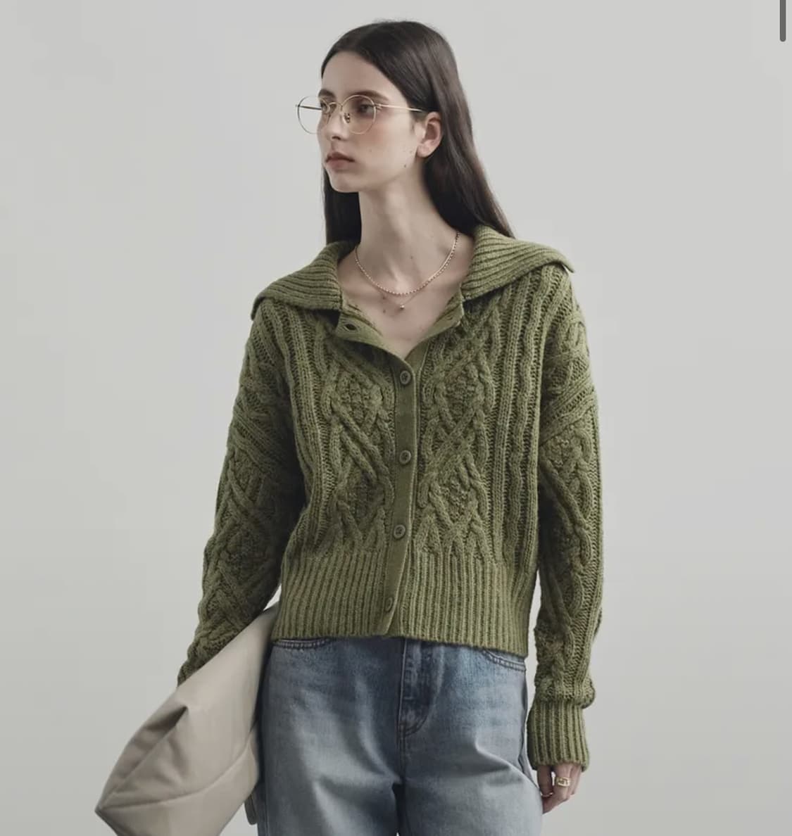 몽돌 피셔맨 케이블 카라 가디건 올리브 상품이미지2
