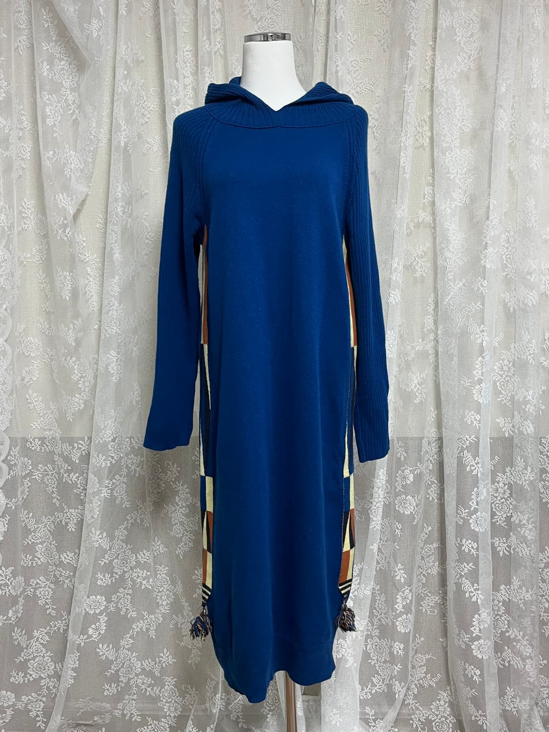 F) 베네통 태슬 장식 후드 니트 원피스 블루 상품이미지1