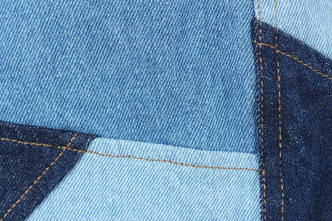 배색 투톤 워싱 데님 퍼즐 사선 패턴 패치워크 언발 밴딩 A라인 진청치마 상품이미지5