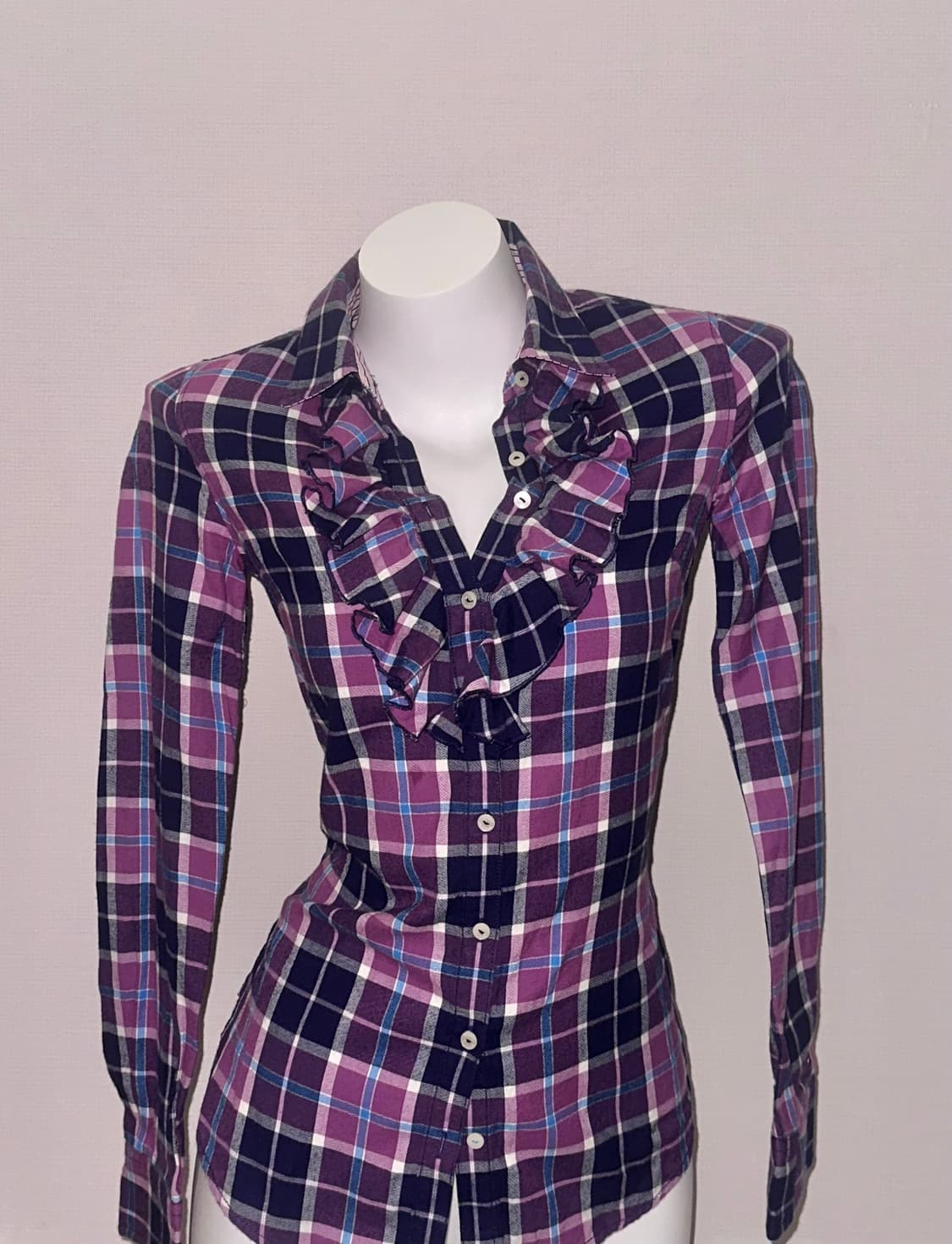 빈티지 퍼플 체크 프릴셔츠 상품이미지1