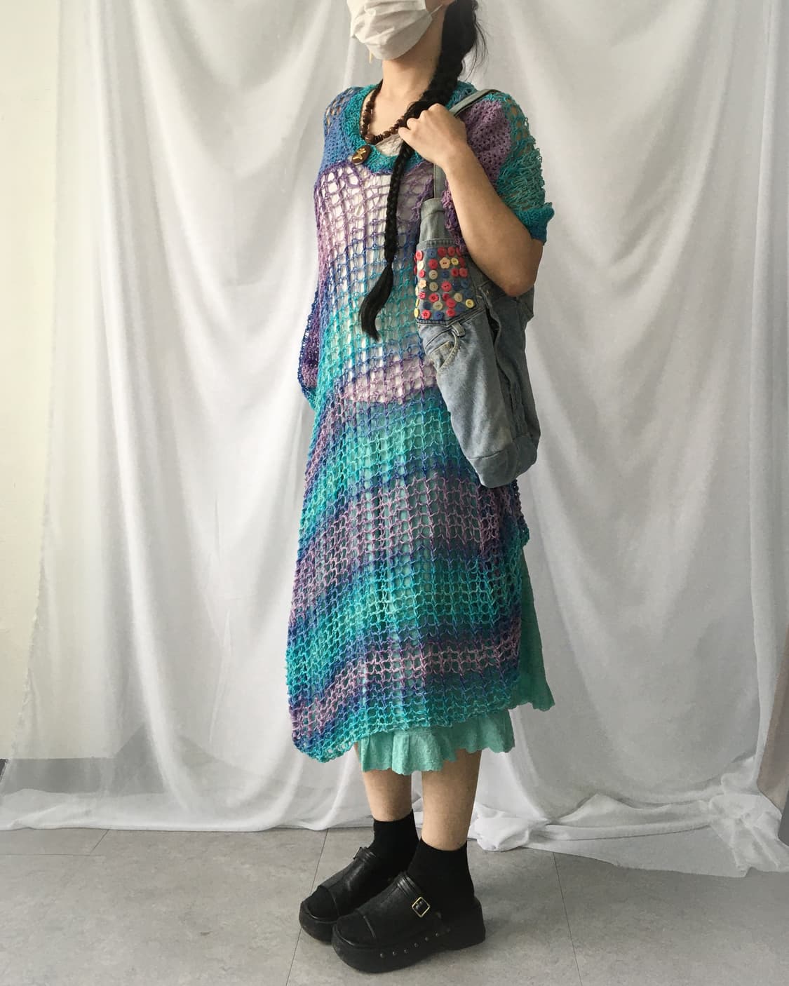 Stripe color point net loose fit onepiec 상품이미지1
