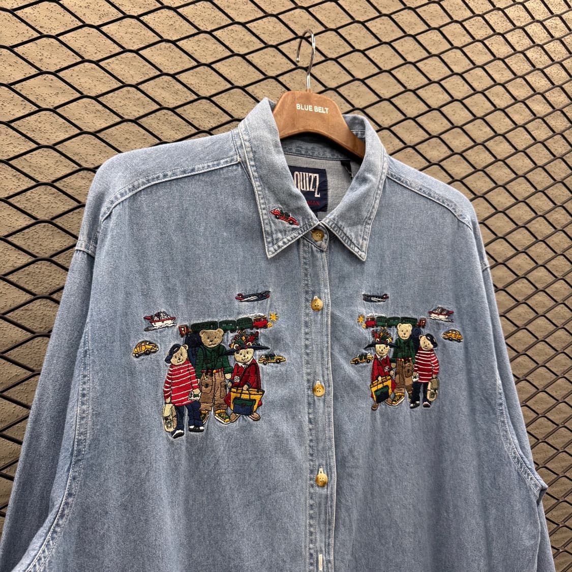 USA VINTAGE 긴팔 데님 셔츠 베어 자수 캐릭터 포인트 상품이미지4