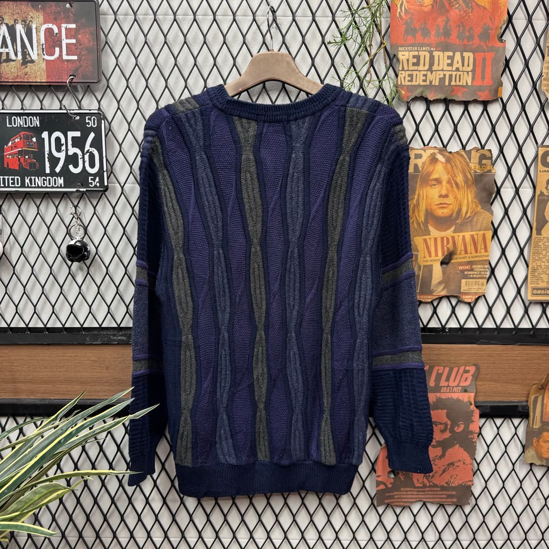 00s JPN VINTAGE 케이블 니트 멀티컬러 네이비 그레이 상품이미지2