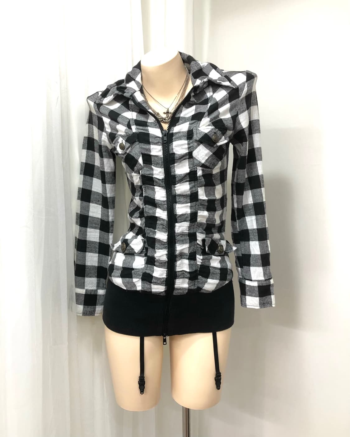black check front shirring 2way zip up 상품이미지1