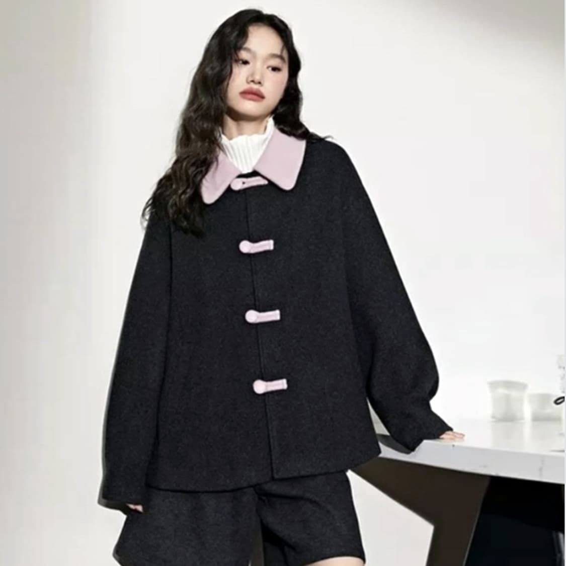 쿠오세(KUOSE) 핑크카라 코트 프리사이즈 상품이미지1