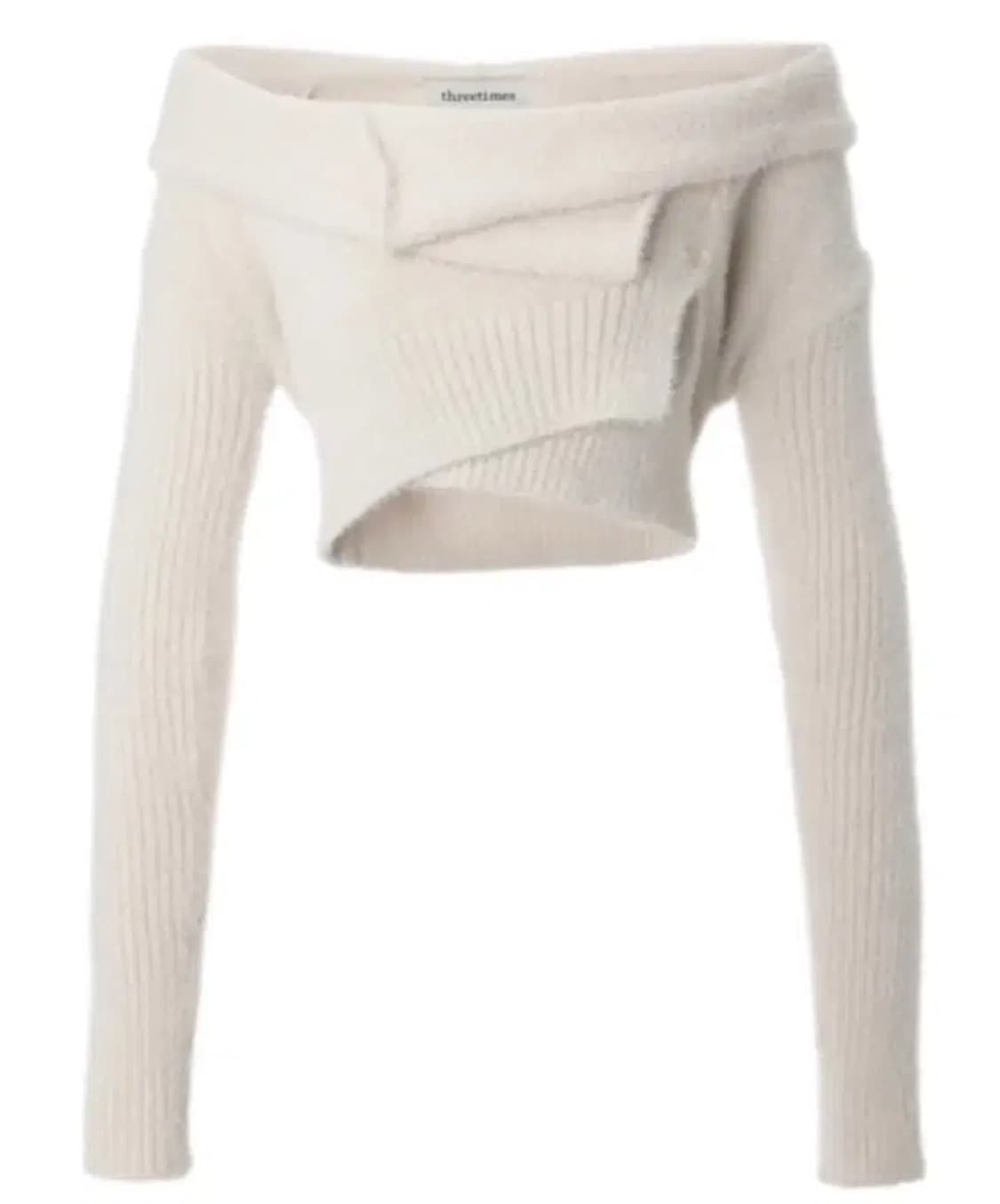 택O 쓰리타임즈 헤어리 랩 가디건 베이지 오프숄더 니트 상품이미지1