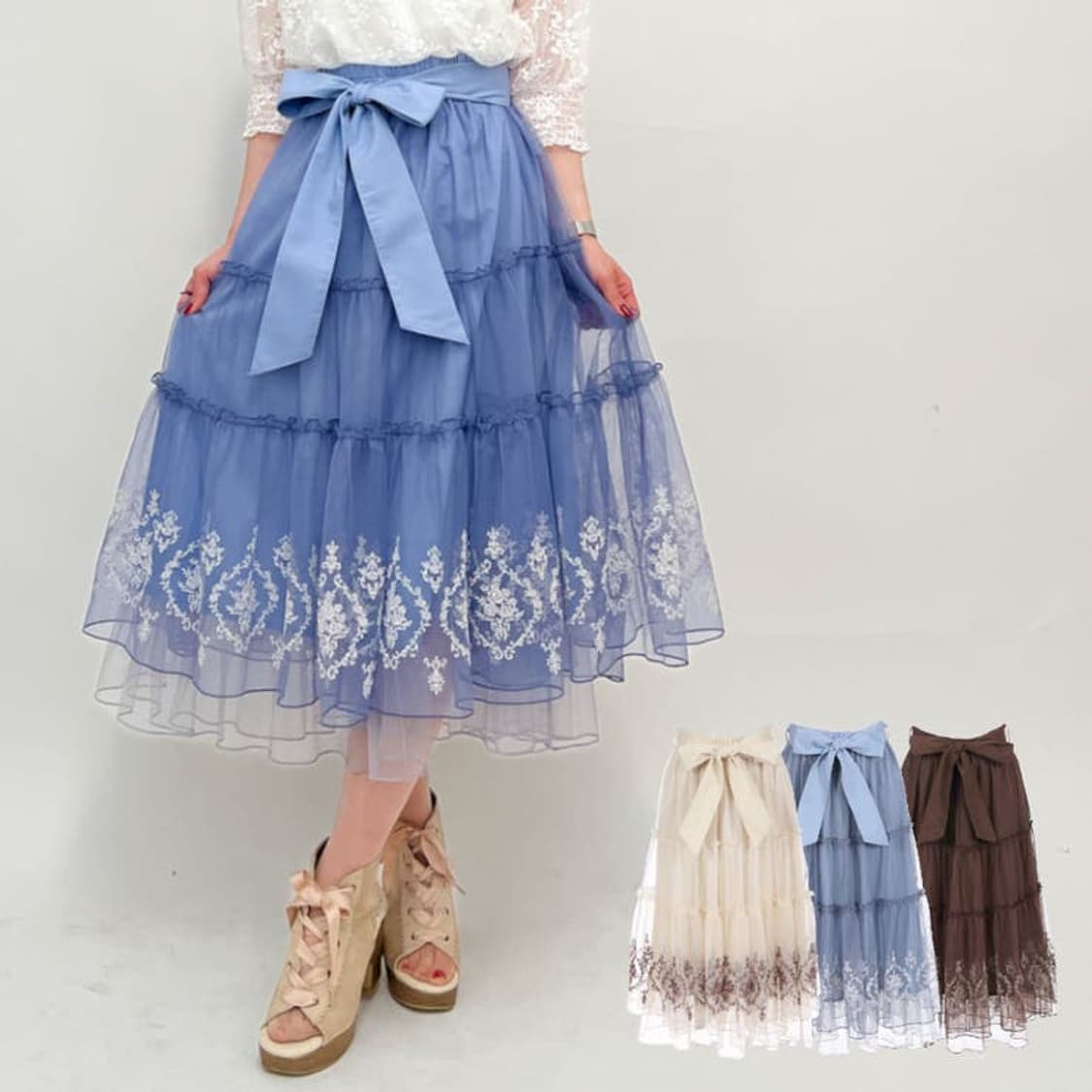 엑시즈팜)히메갸루 로리타양산형블루 캉캉 샤 레이스 시스루 로맨틱 롱스커트 상품이미지2