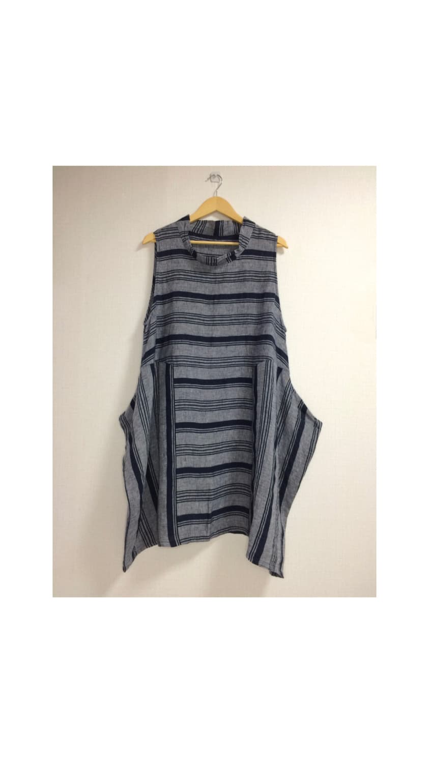 빈티지 그레이 블루 스트라이프 하이넥 원피스 상품이미지1