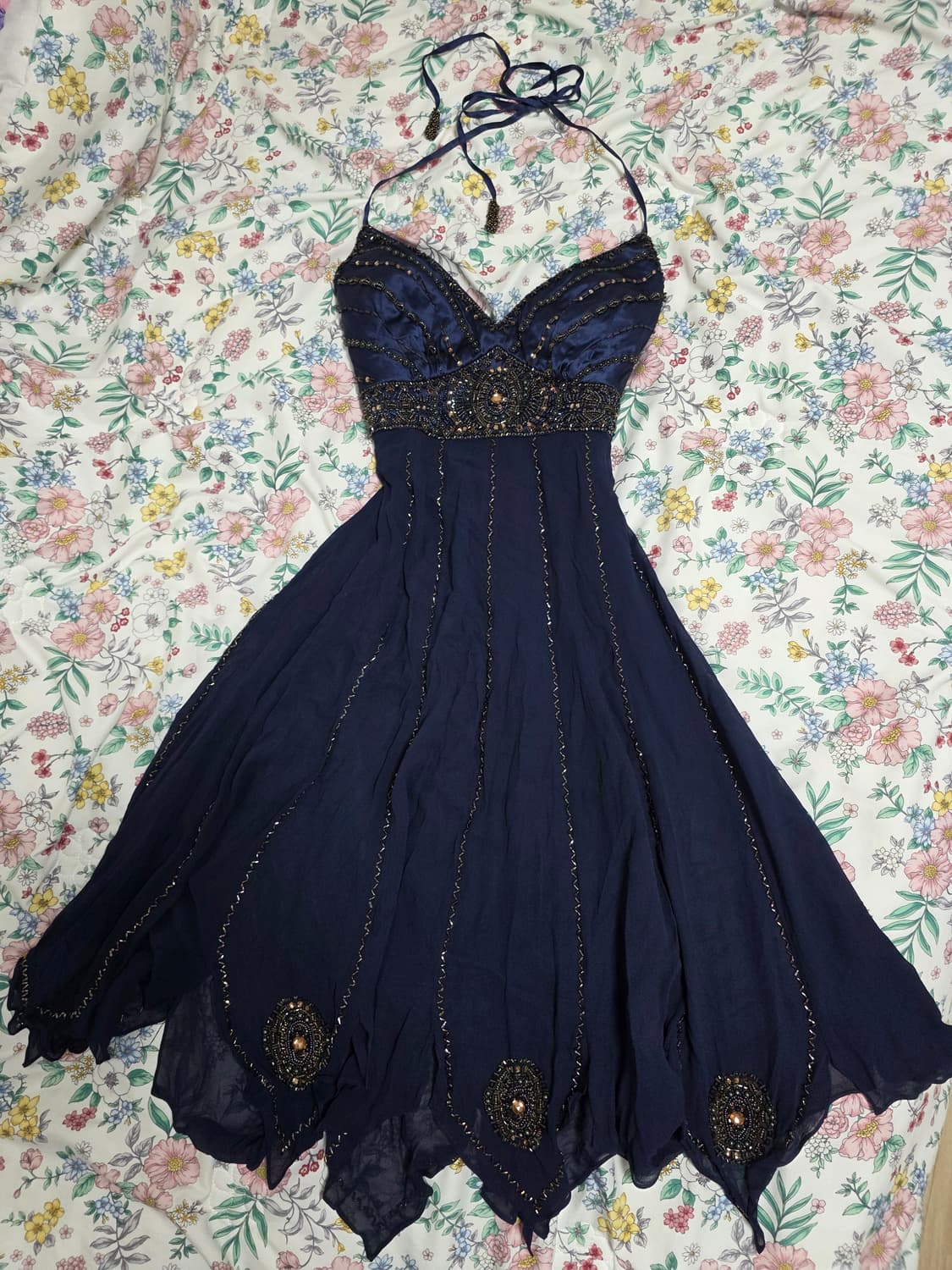 일본빈티지)고전 레트로 오리엔탈 비즈홀터넥 네이비드레스 대회댄스연주회파티 상품이미지1
