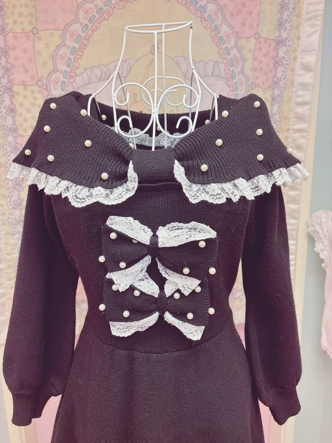 AnkRouge 블랙 오프숄더 니트 리본 원피스 상품이미지2