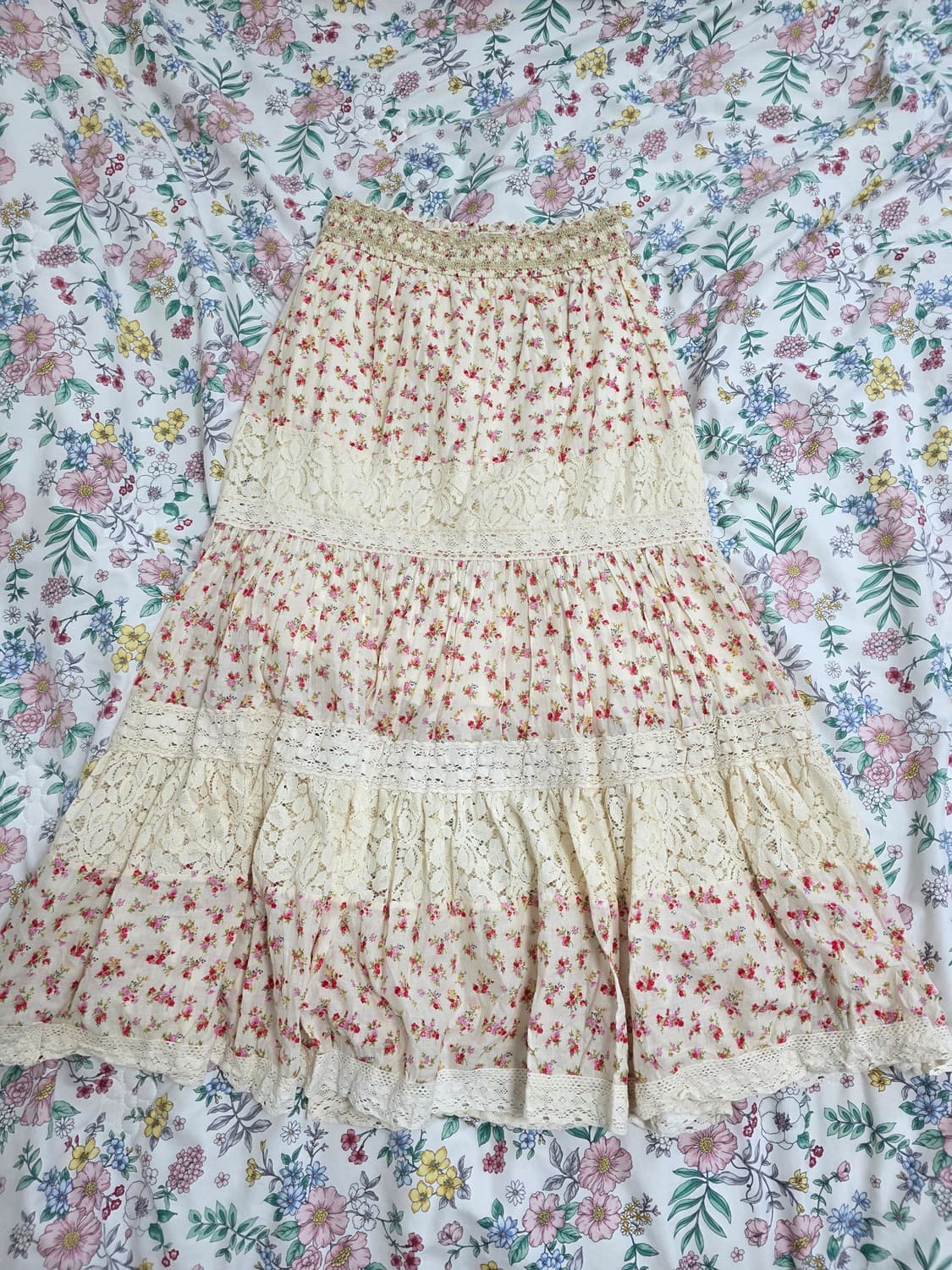 리즈리사 일본빈티지)희귀고전 패치워크 스즈코모리걸 플로럴레이스자수롱스커트 상품이미지1