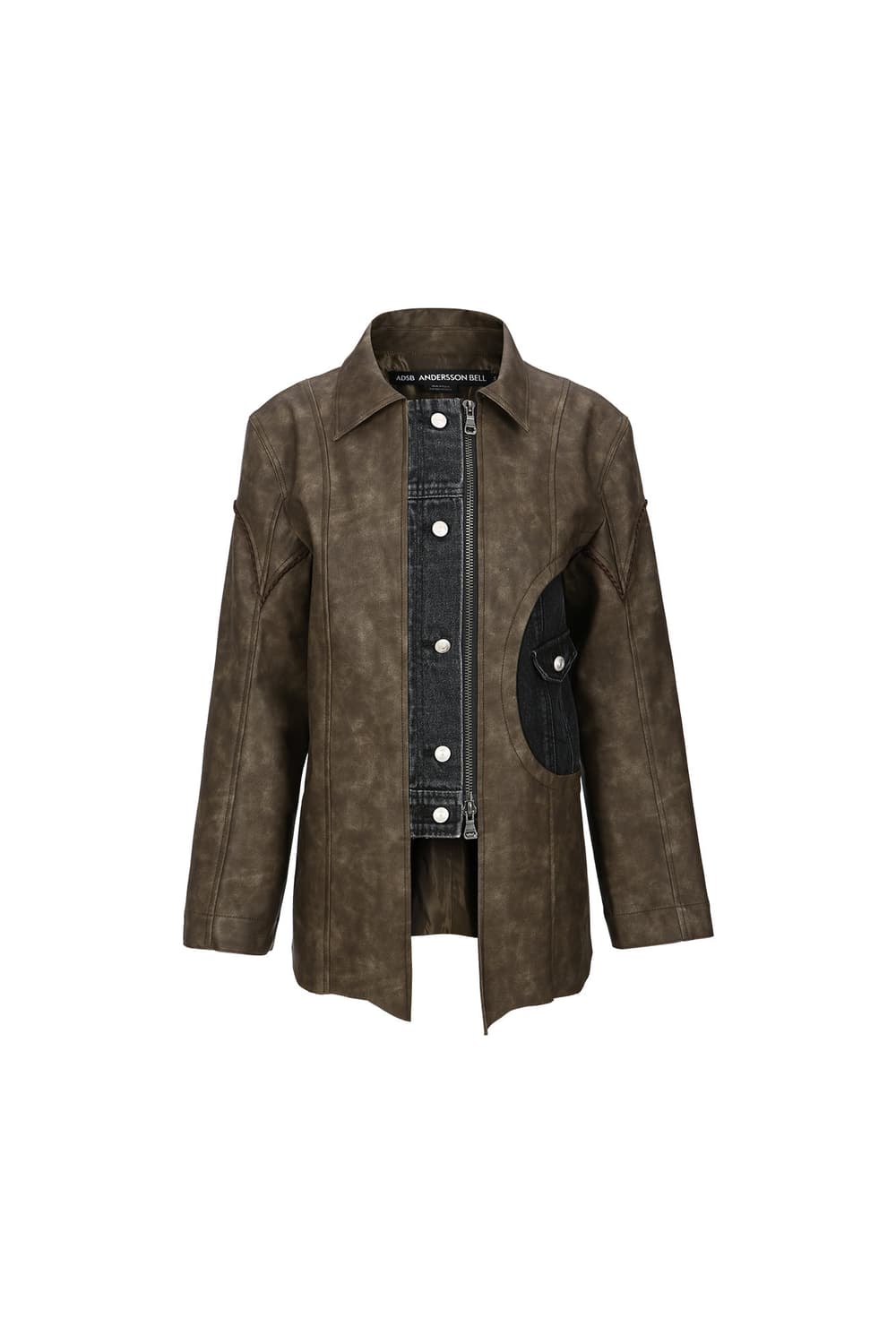 [M] 앤더슨벨 로우 컷 데님 트림 인조 가죽 자켓 (브라운) 상품이미지2