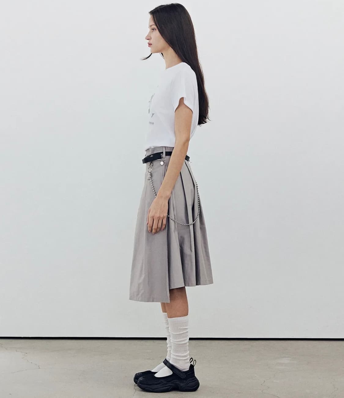 Button Pleats Wrap Skirt Light Gray 상품이미지3