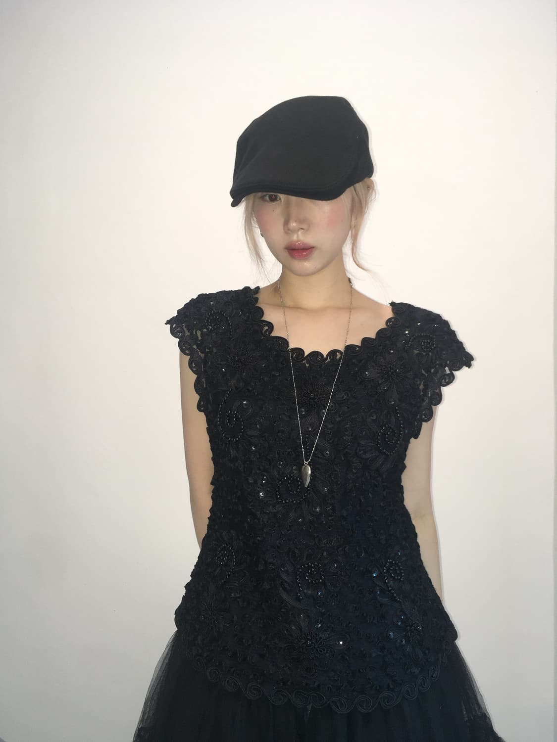 Jpn vintage Black lace beads blouse 상품이미지1