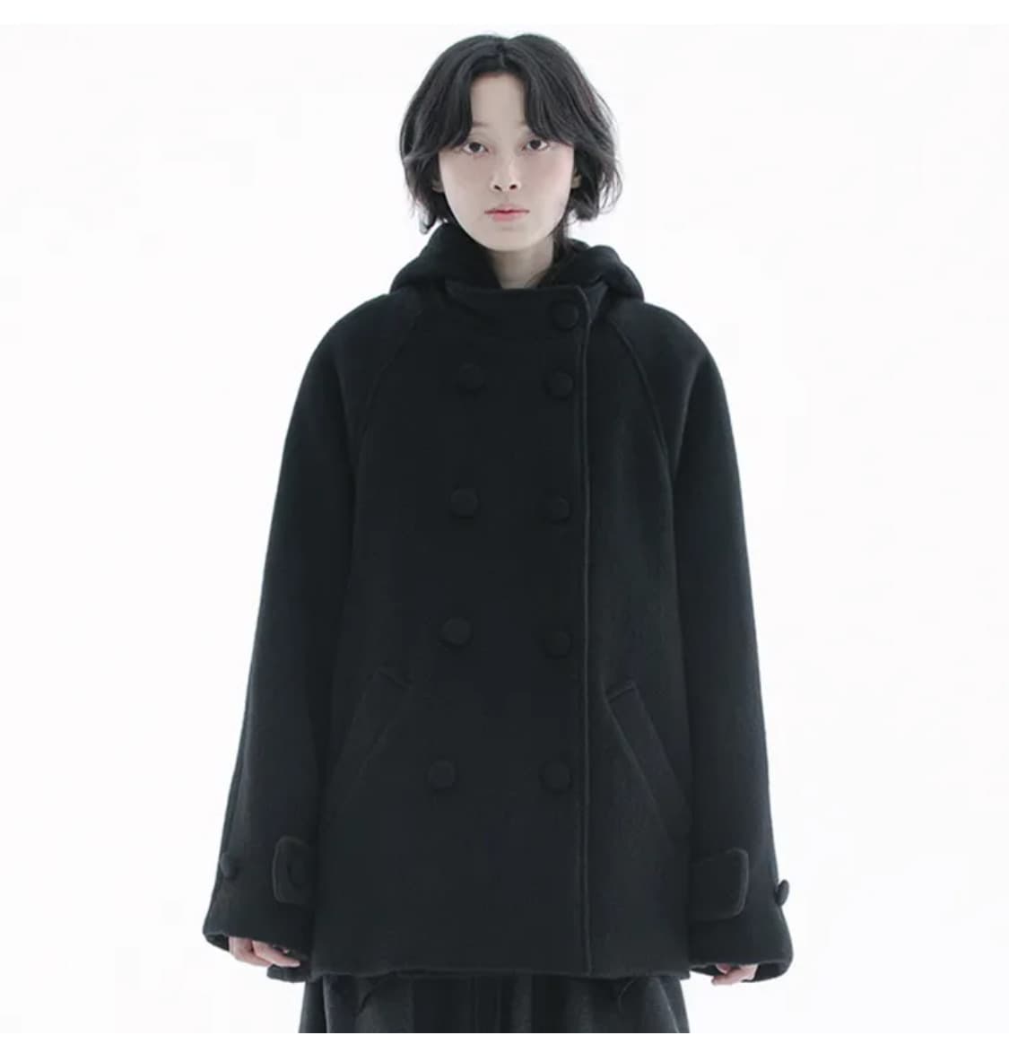 허그유어스킨 후디드 하프 코트 블랙 후드하프코트 상품이미지2