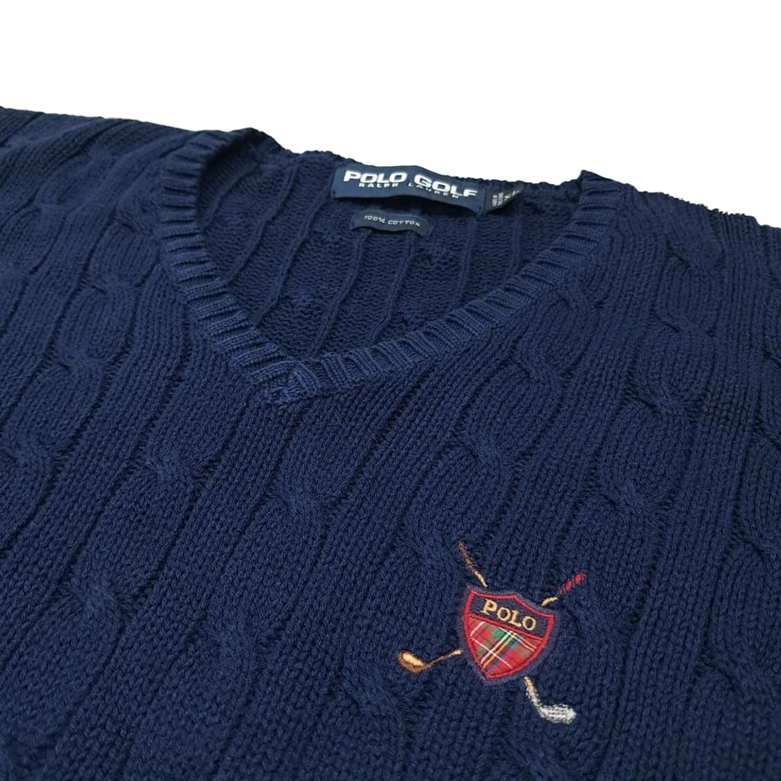 CL579 XL 폴로 90s 홍콩판 엠블럼 케이블 네이비 조끼 니트 상품이미지4