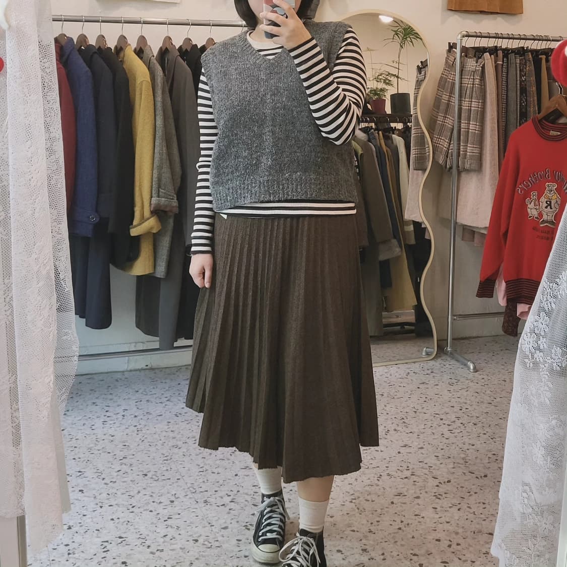 브라운 헤링본 플리츠 울스커트 상품이미지1