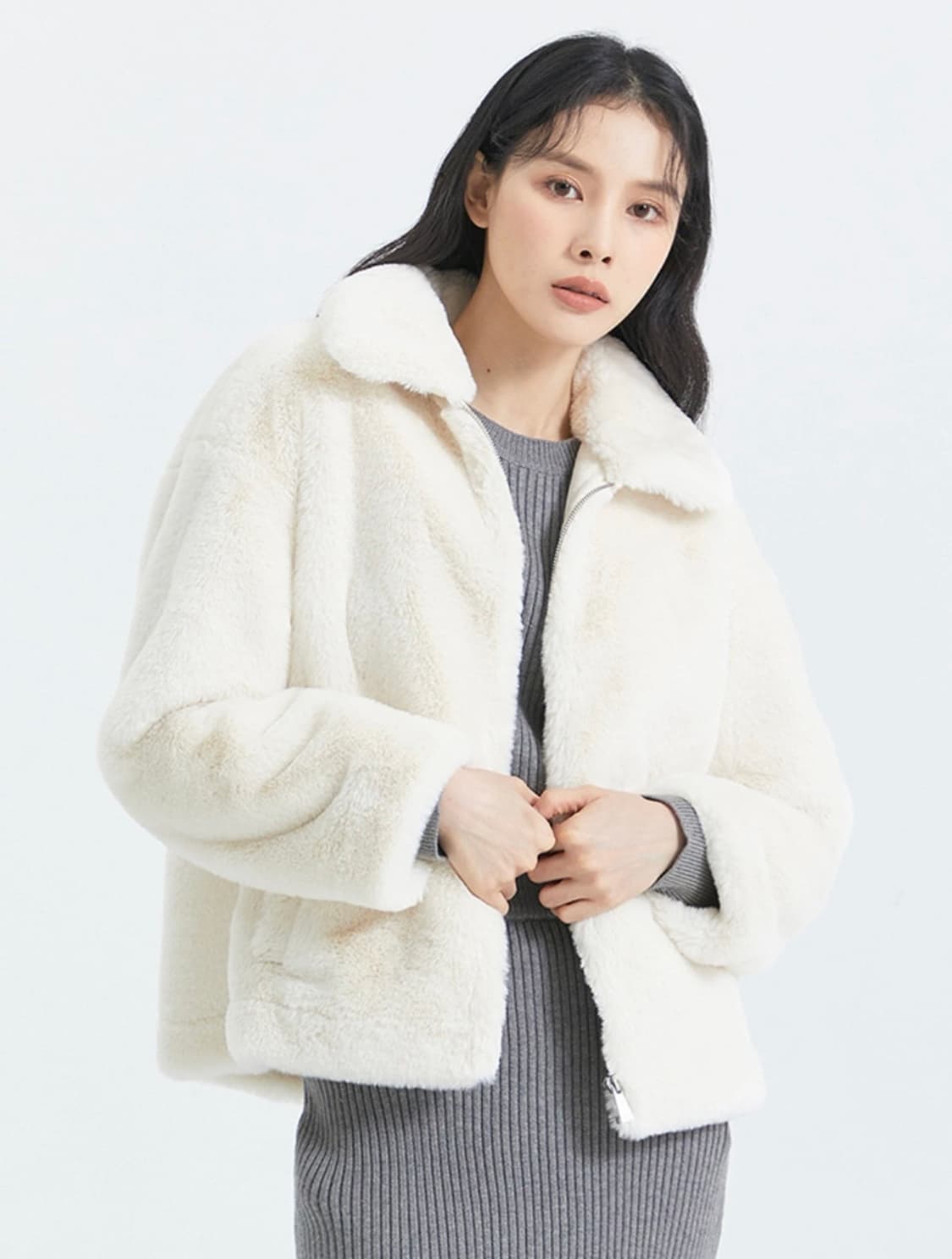 mixxo 짚업 스탠카라 에코퍼 자켓 아이보리 m 상품이미지2