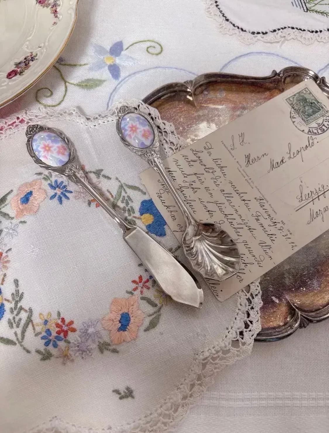 일본 빈티지 실버플레이트 쉘 슈가스푼 버터나이프세트 상품이미지3