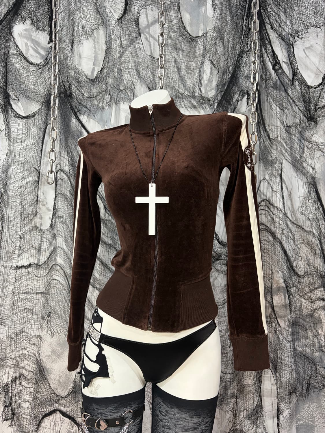 Y2K slim fit crop brown Velvet jersey 상품이미지5