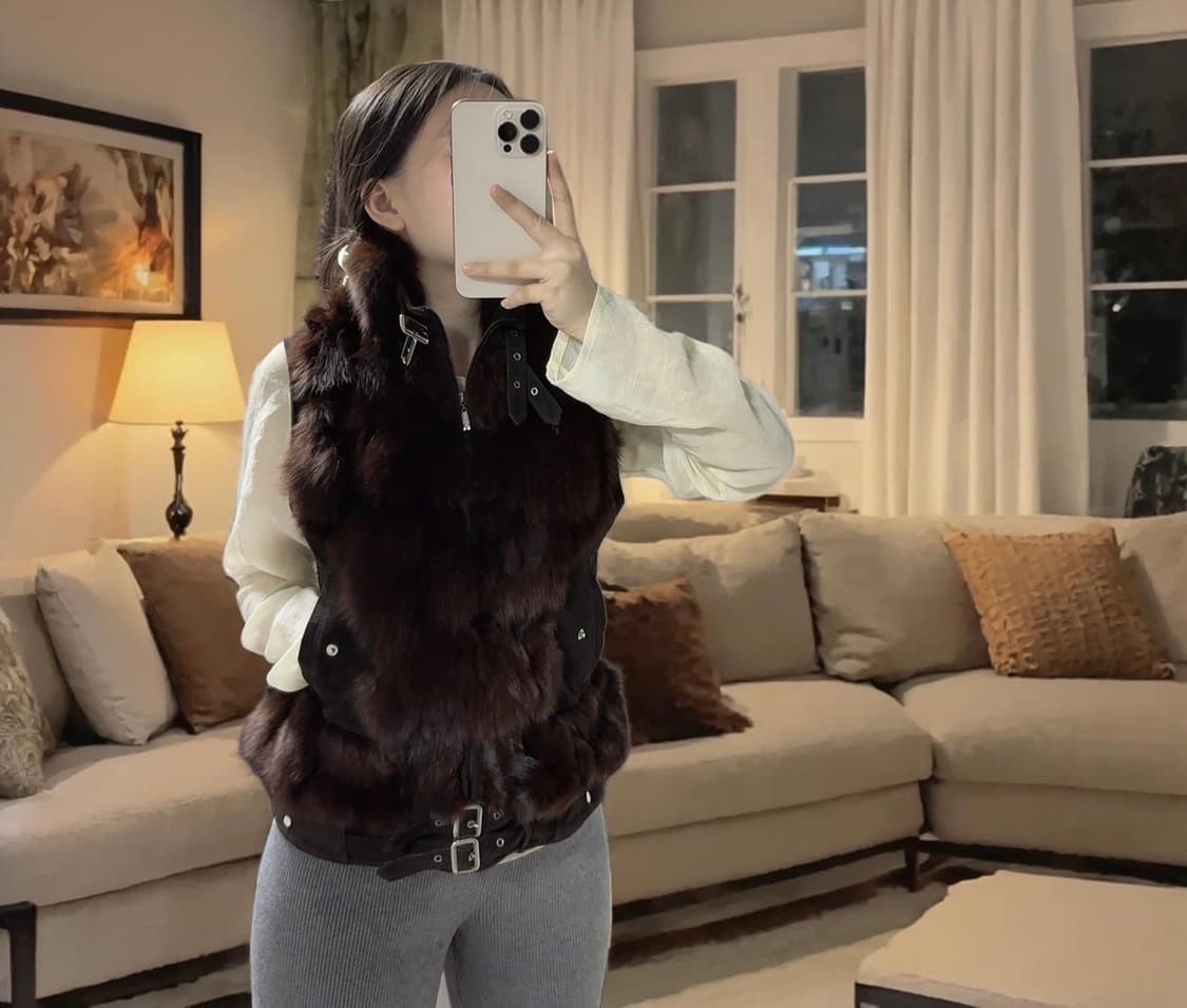 빈티지 커피브라운 여우털 폭스퍼 되지가죽 베스트 상품이미지1