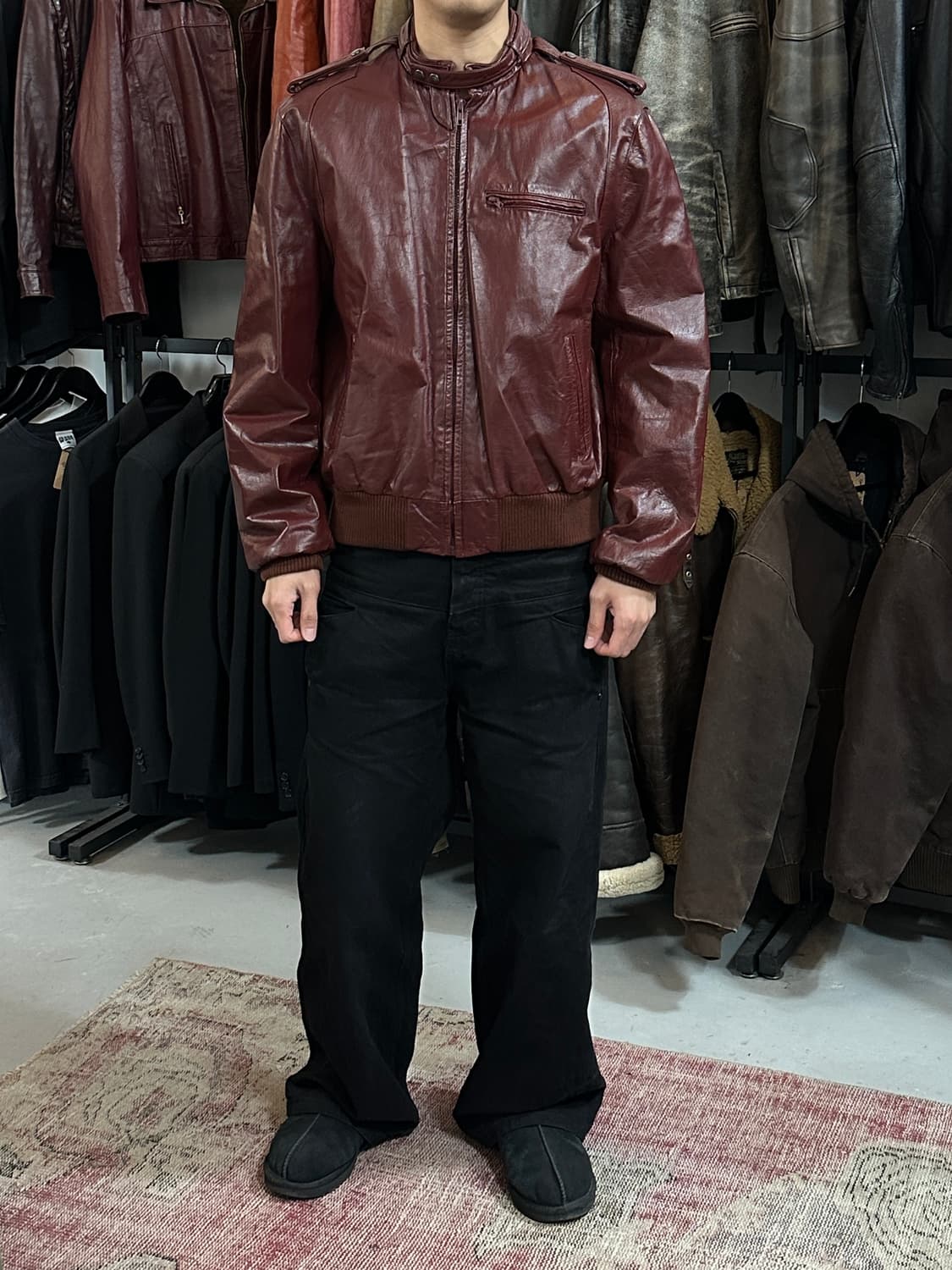 80's 빈티지 버건디 레더자켓 빈티지 레더 봄버 상품이미지2