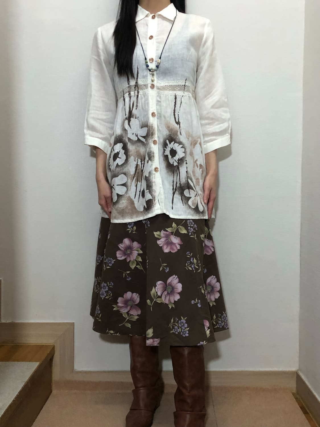 빈티지 브라운 플라워 미디 스커트 상품이미지6